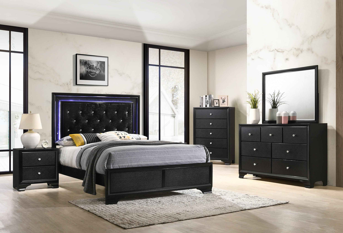 Desitus Modern Queen Size Bed | LED Panel | Black - Default - beds