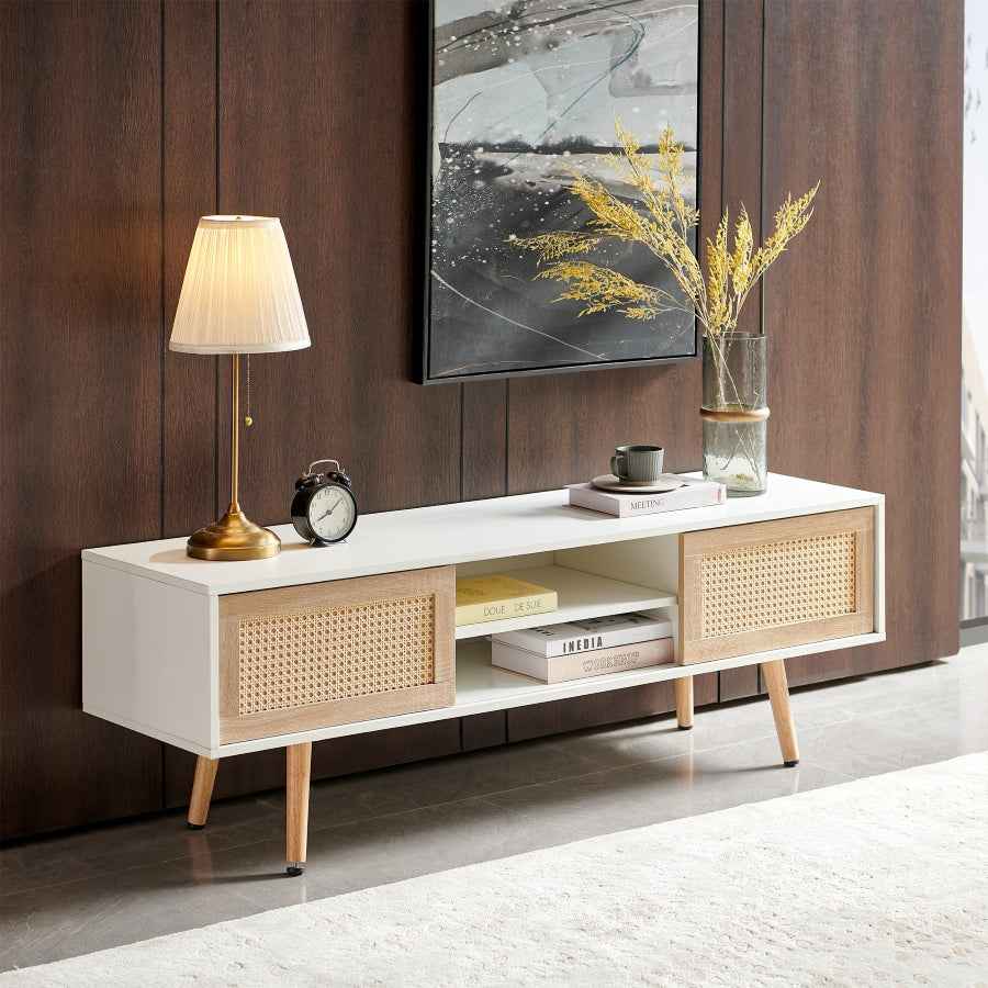 Euteni Mid-Century 55' Rattan TV Cabinet | White - Default - tv console