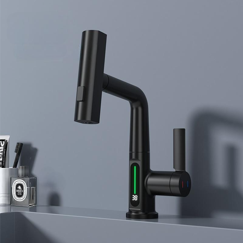 Kranetix Pull-Out & LED Bathroom Faucet - Black Digital Display - black digital pull-out silver temperature display white