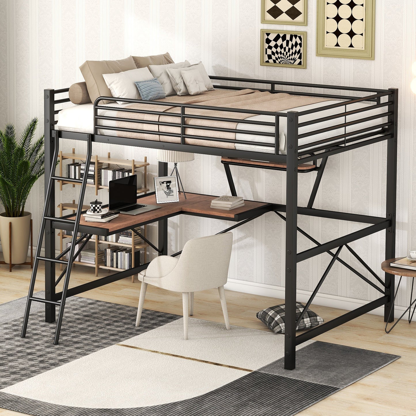 Liandius Full Size Loft Metal Bed | Desk & Shelf | Black - Default - beds