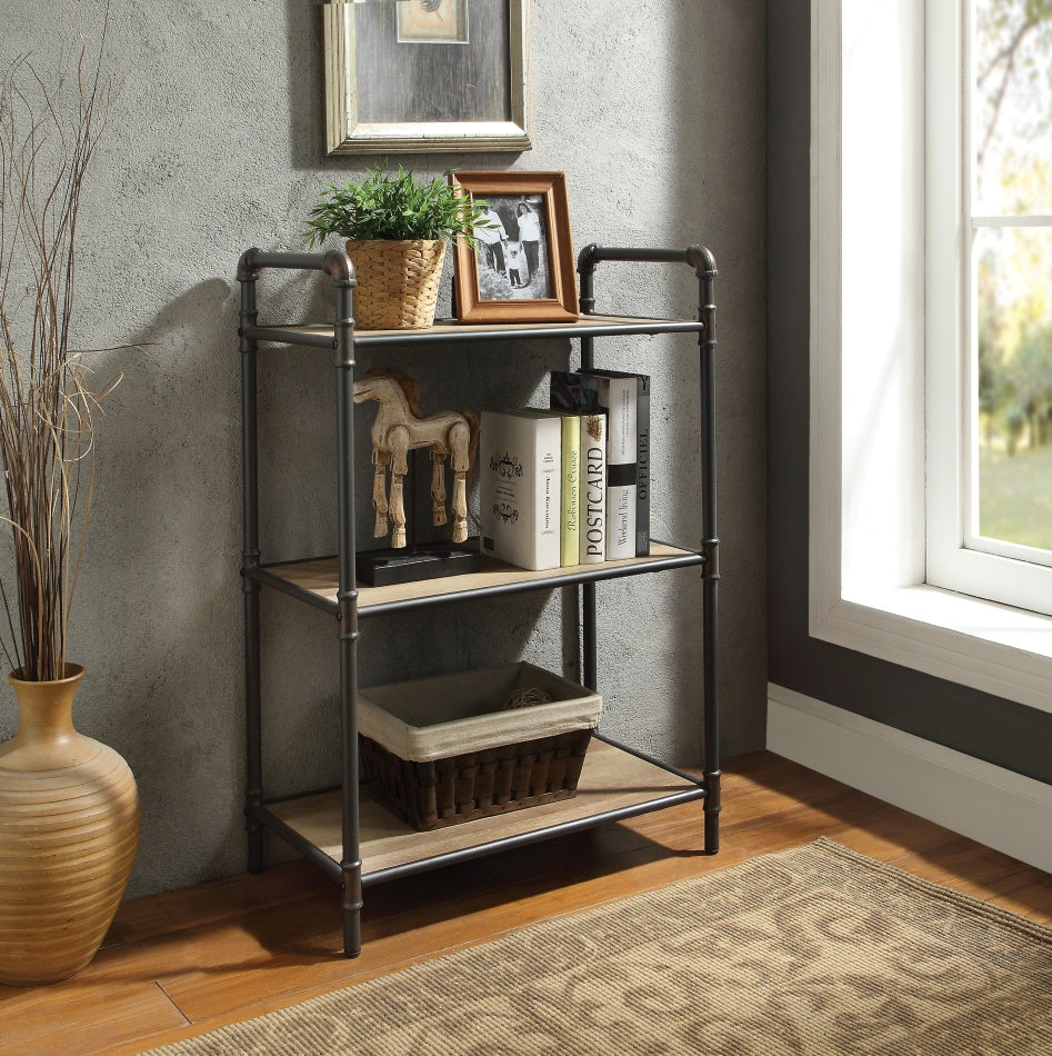 Itzel Short Antique Industrial Bookcase | Oak & Sandy Gray - - black bookcase iron metal oak steel wood
