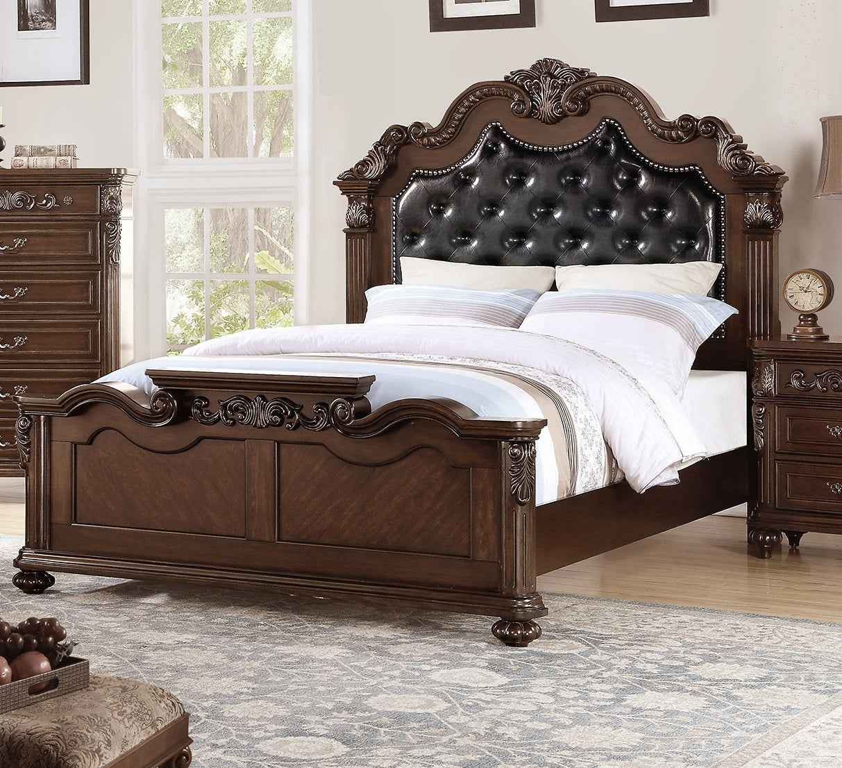 Falendi Antique Tufted Queen Size Bed | Cherry Brown - Default - beds