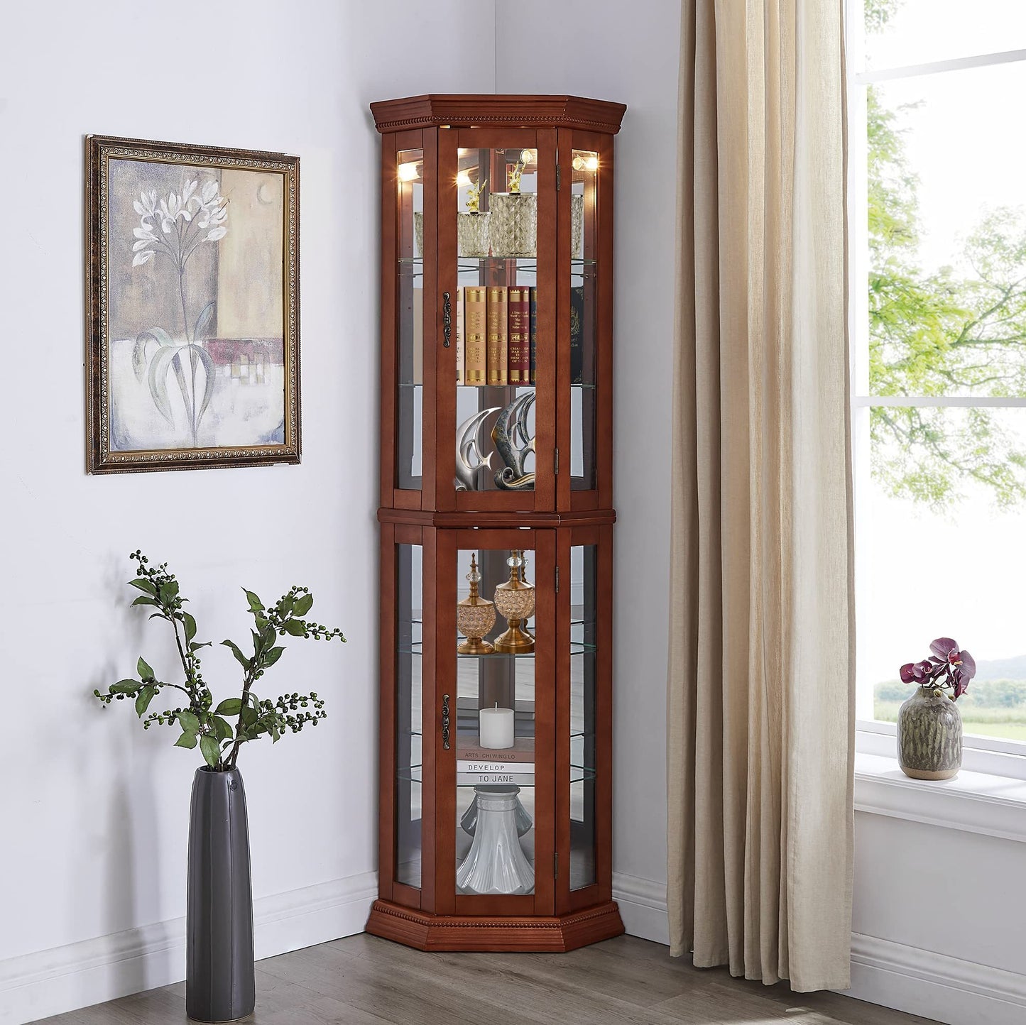 Ricega Corner Cabinet | Lights & Tempered Glass | Walnut - - cabinet walnut wood