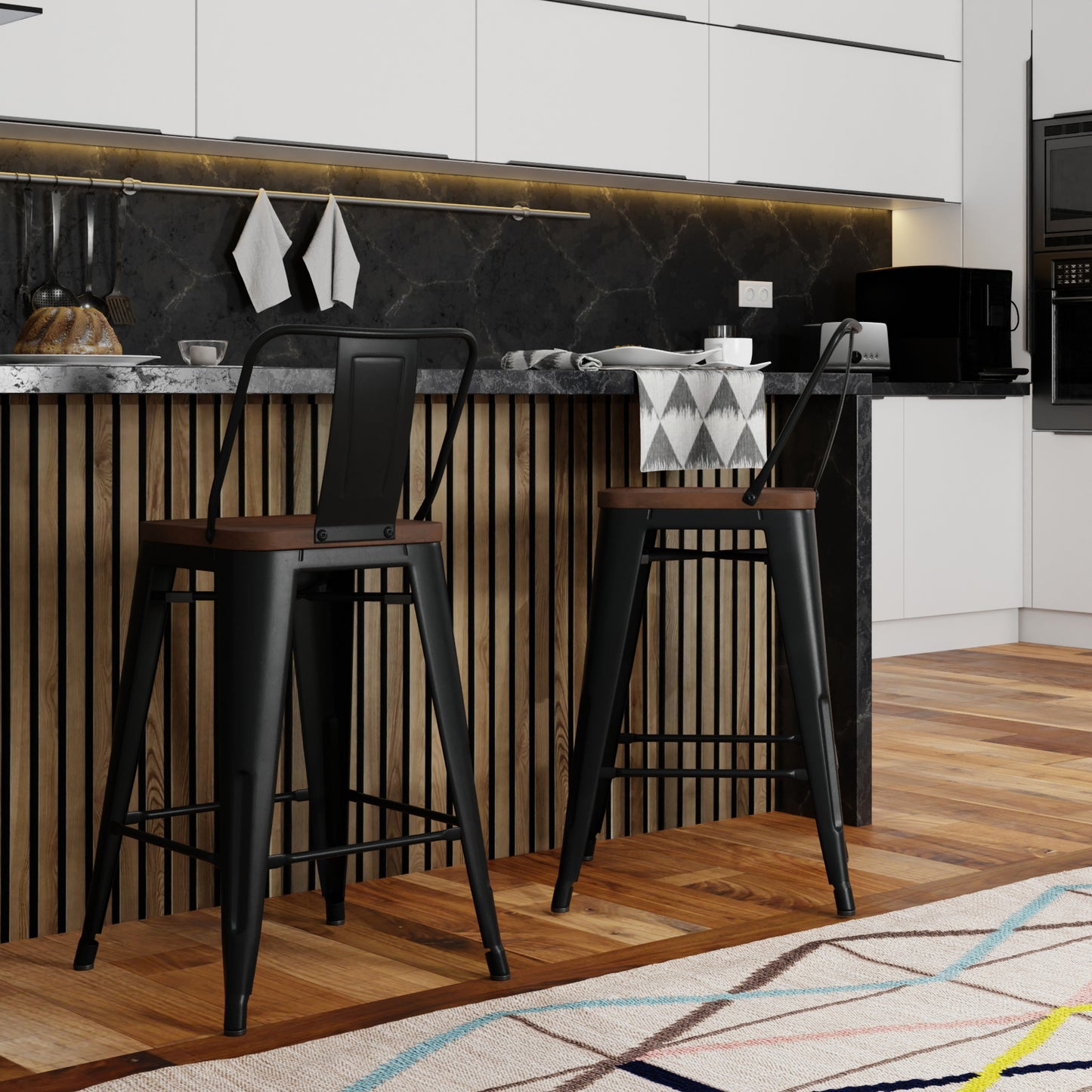 Rayne Metal & Wood Bar Stools | Set of 2 | Black - Default - bar stools