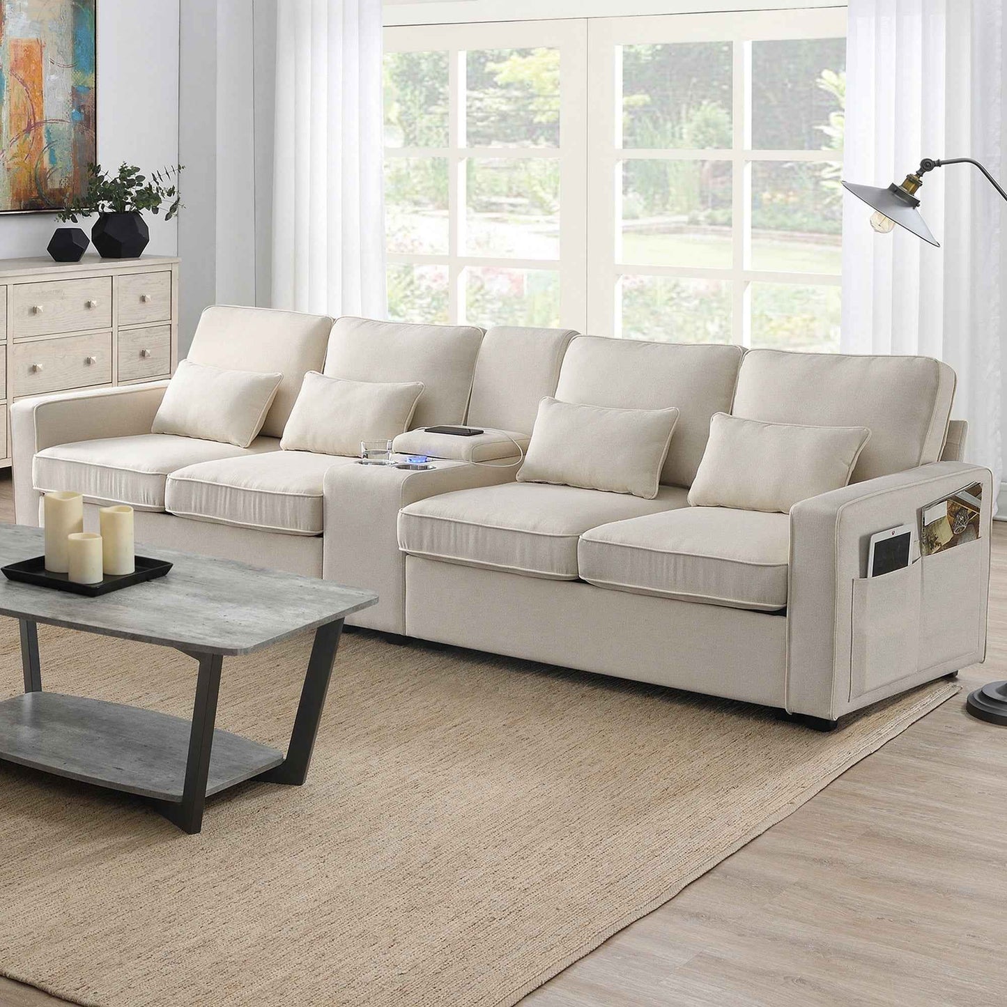 Bemar 4-Seater Modern Sofa | 2 Cupholders, 2 USB Ports & Wireless Charging | Beige - - sofa