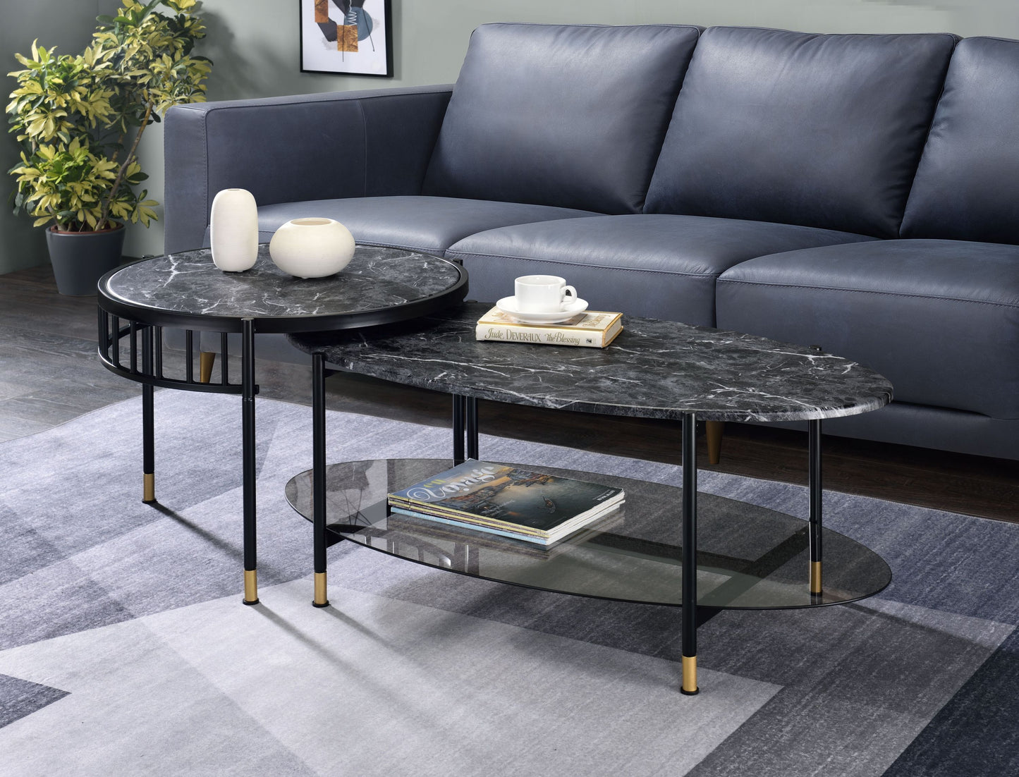 Terien 2-Piece Nesting Center Table | Stone Top & Black - Default - tables