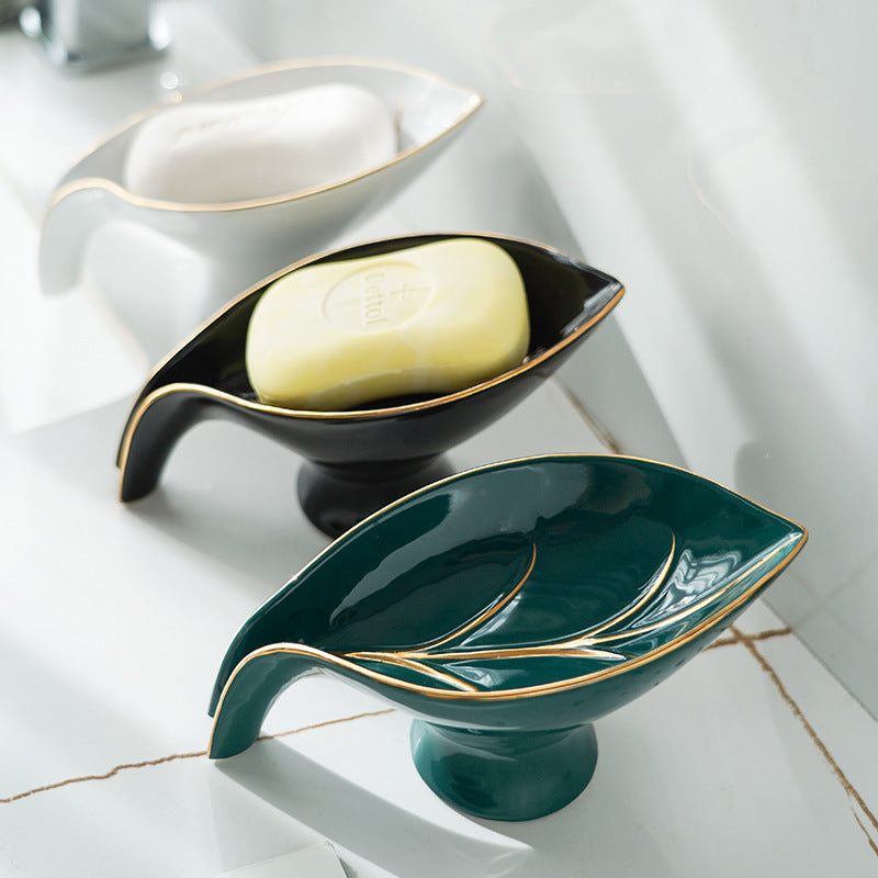 Leaf-Shaped Ceramic Soap Cup - - black Ceramic green Hand Wash white