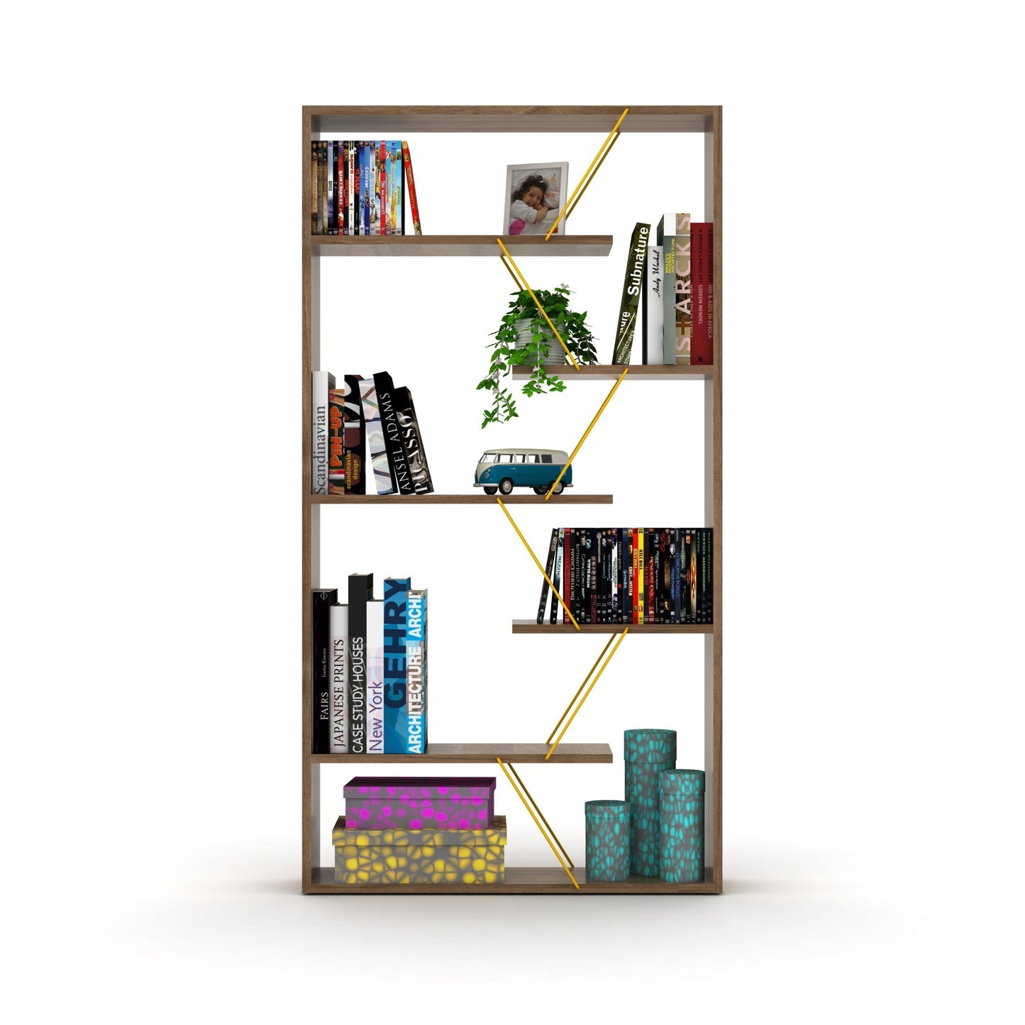 Ratay Modern Bookcase | Walnut & Gold - - bookcase gold walnut wood