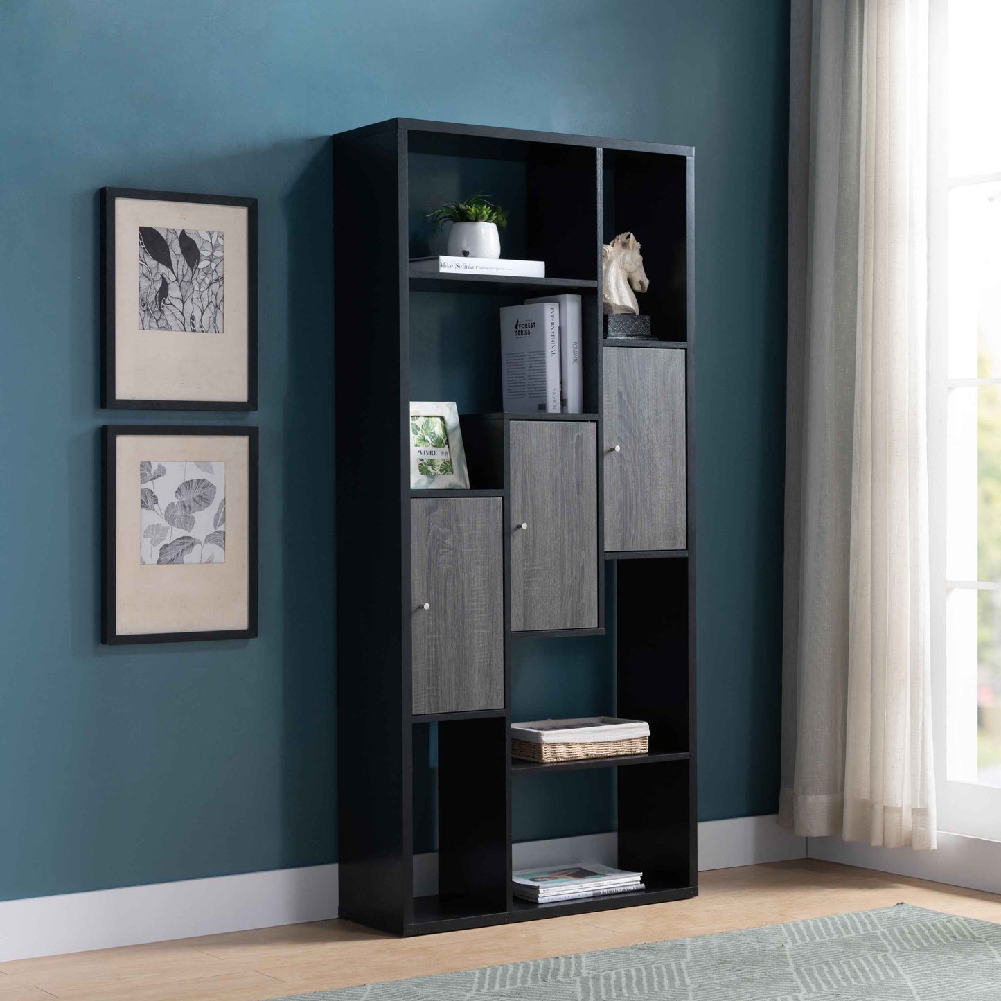 Batarga Display Bookcase | Black & Distressed Grey - - black bookcase grey wood