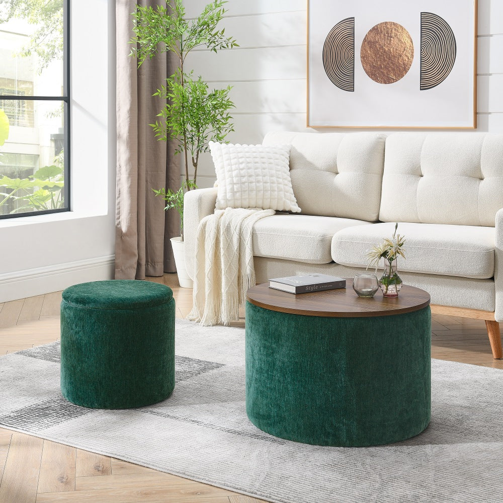 Stition 2pcs Round Storage Ottoman | Dark Green - Default - bench
