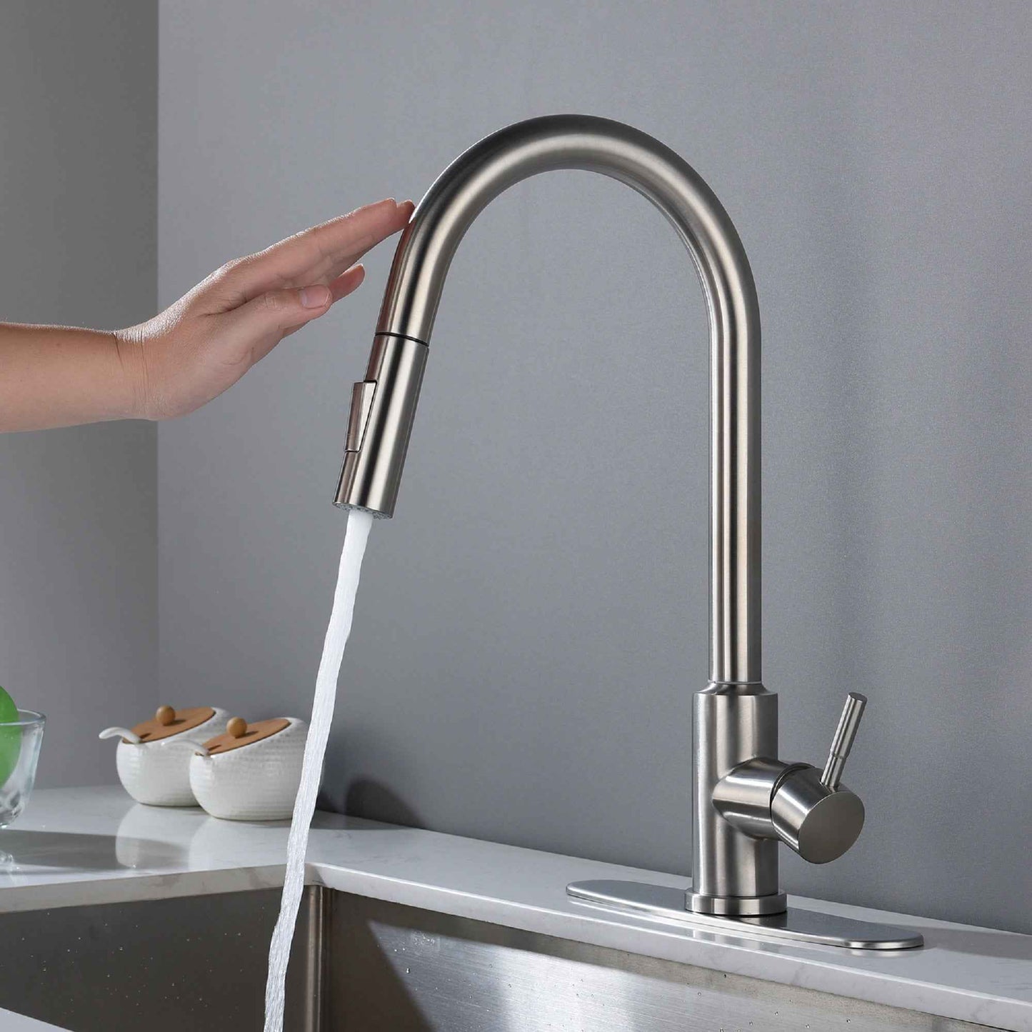 Elemitto Touch-Activated Kitchen Faucet | Pull Down | Silver - Default - kitchen faucets touch-activated