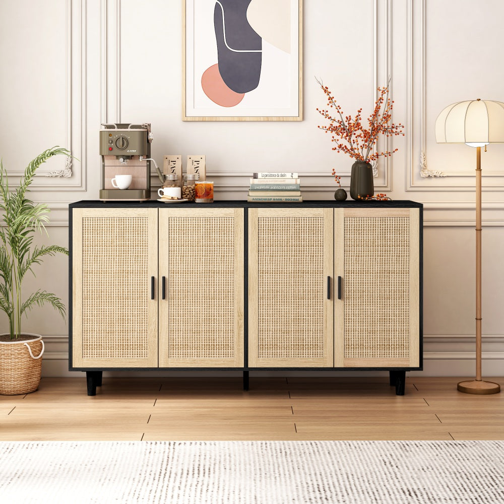 Thelosil 62" 4-Door Rattan Storage Cabinet | Black - - black cabinet wood