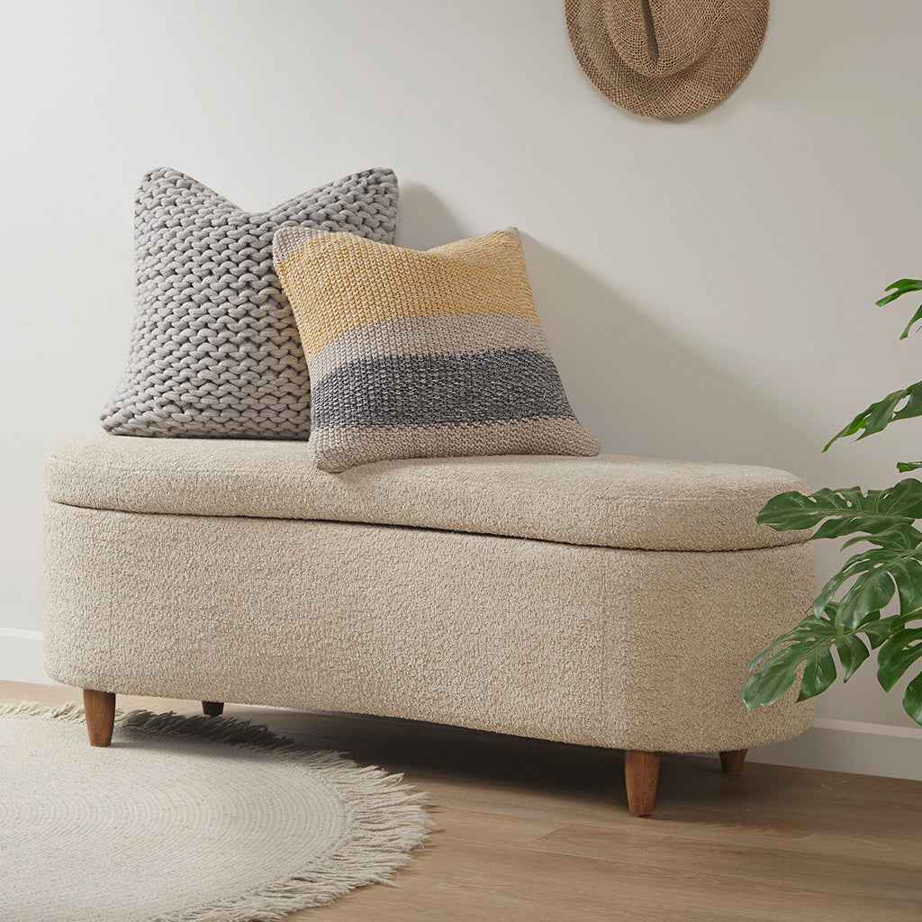 Boucle Curvy Storage Bench | Taupe - - beige bench taupe wood
