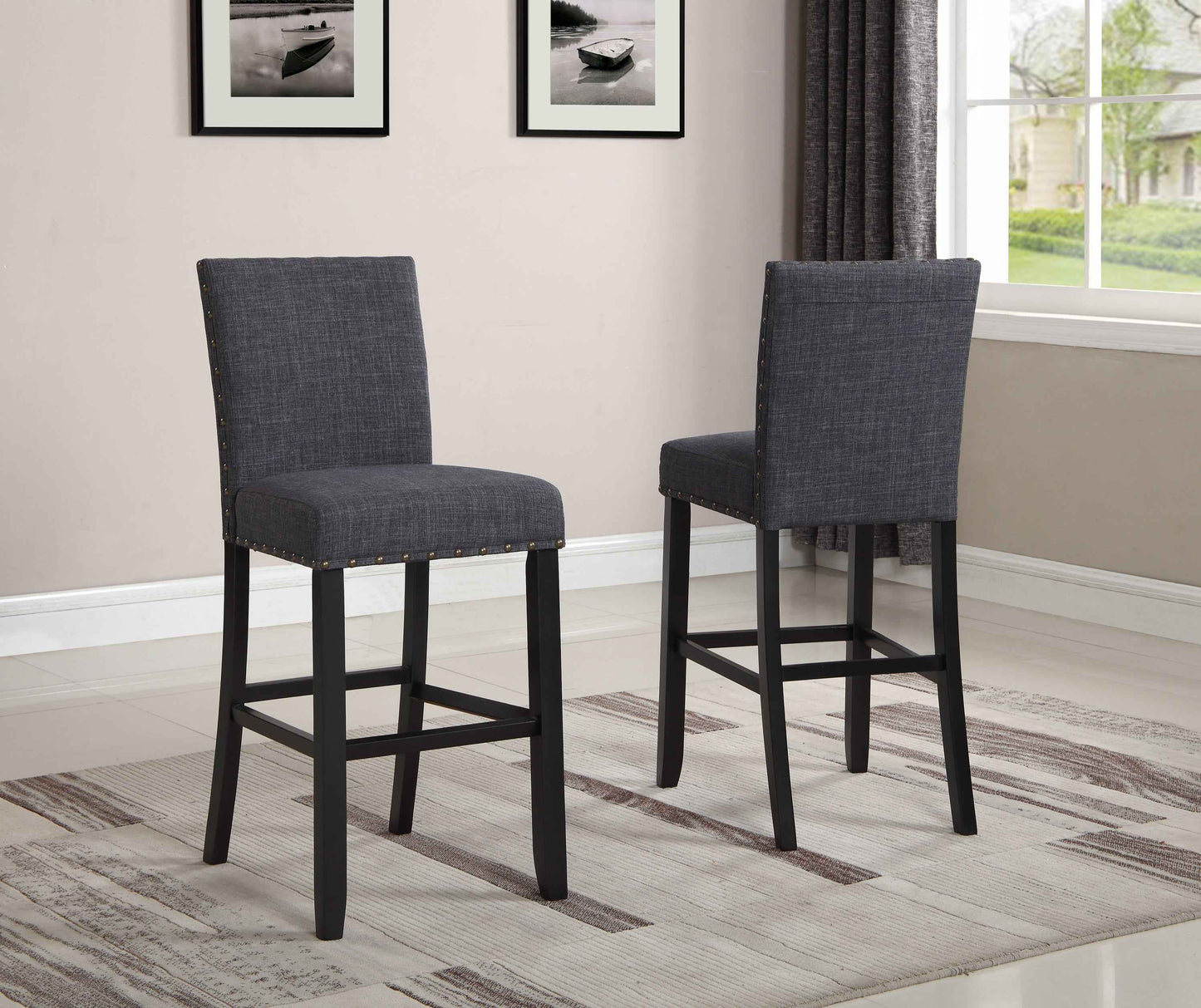 Biony Nailheaded Bar Stools | Set of 2 | Grey - Default - bar stools