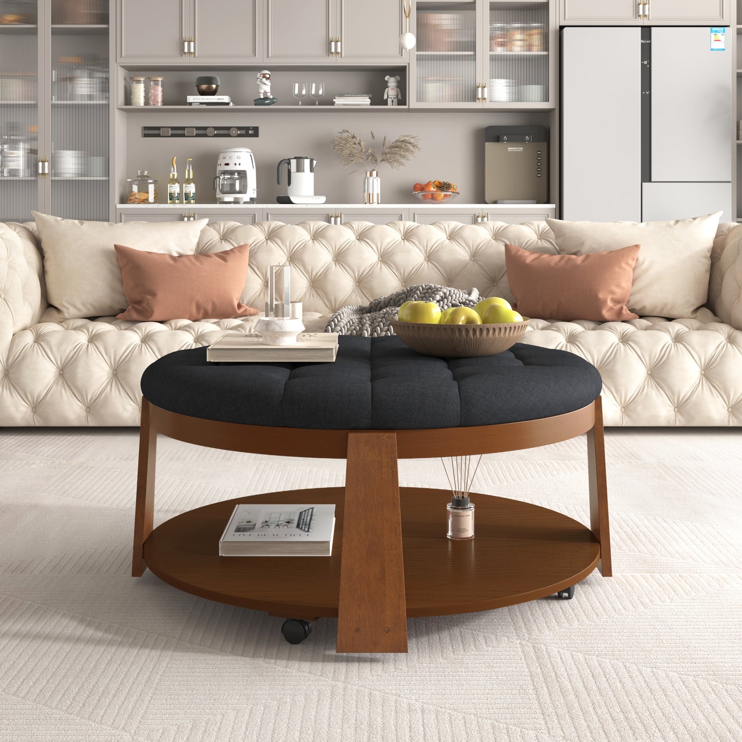 Jectiona Large Round Ottoman-Coffee Table | Black & Walnut - Default - tables
