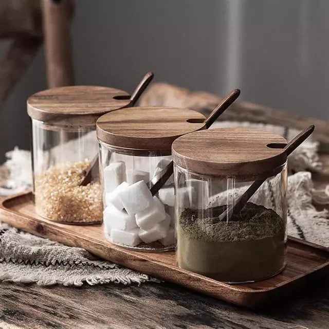 Seasoning Spice Container Jar - 3pcs - glass Jar Storage Wood