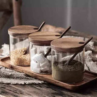Seasoning Spice Container Jar - 3pcs - glass Jar Storage Wood