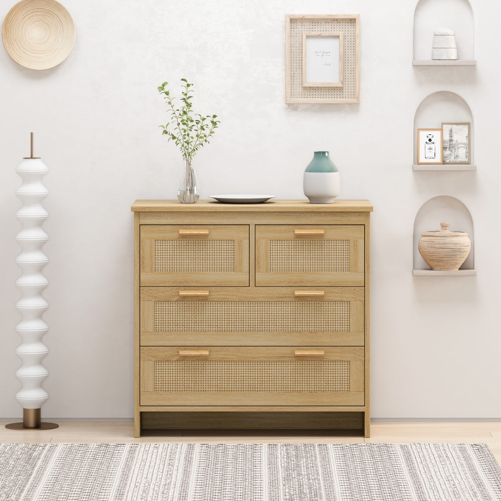 Omrash 4-Drawer Rattan Cabinet | Light Oak - - beige cabinet dresser oak wood
