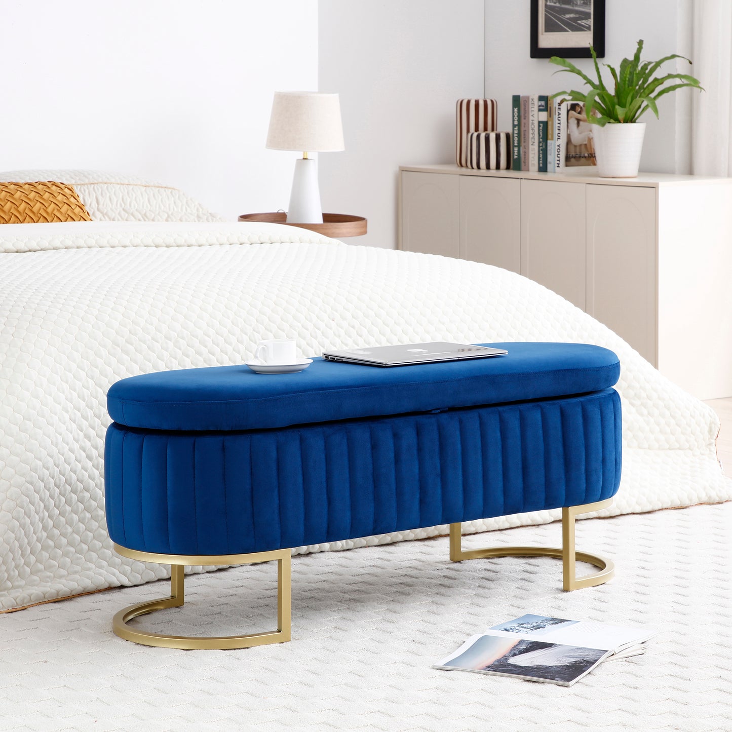Teorsus Ottoman Storage Bench | Golden Metal Legs | Blue - - bench blue