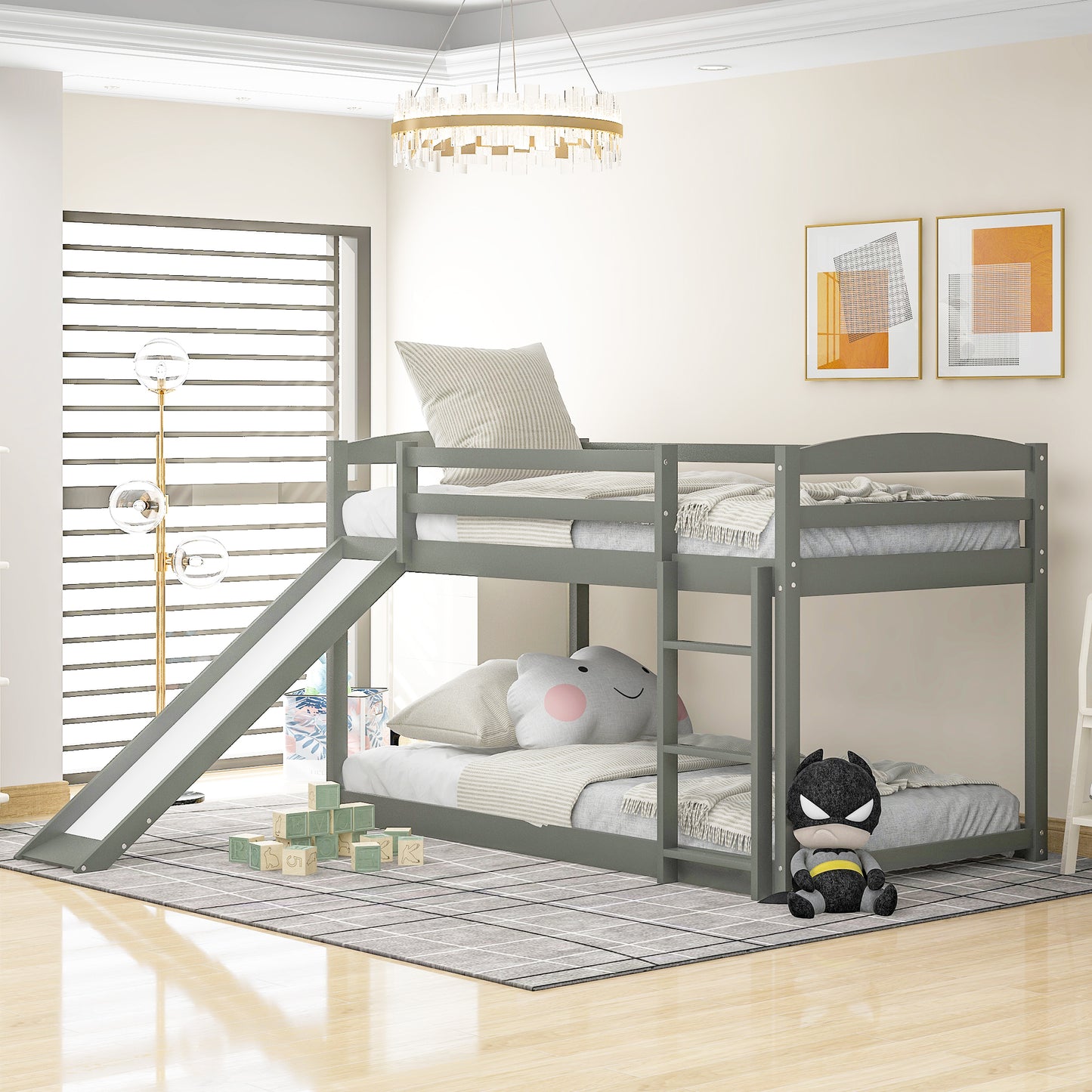 Periji Bunk Bed | Twin Over Twin | Convertible Slide & Ladder | Gray - Default - beds