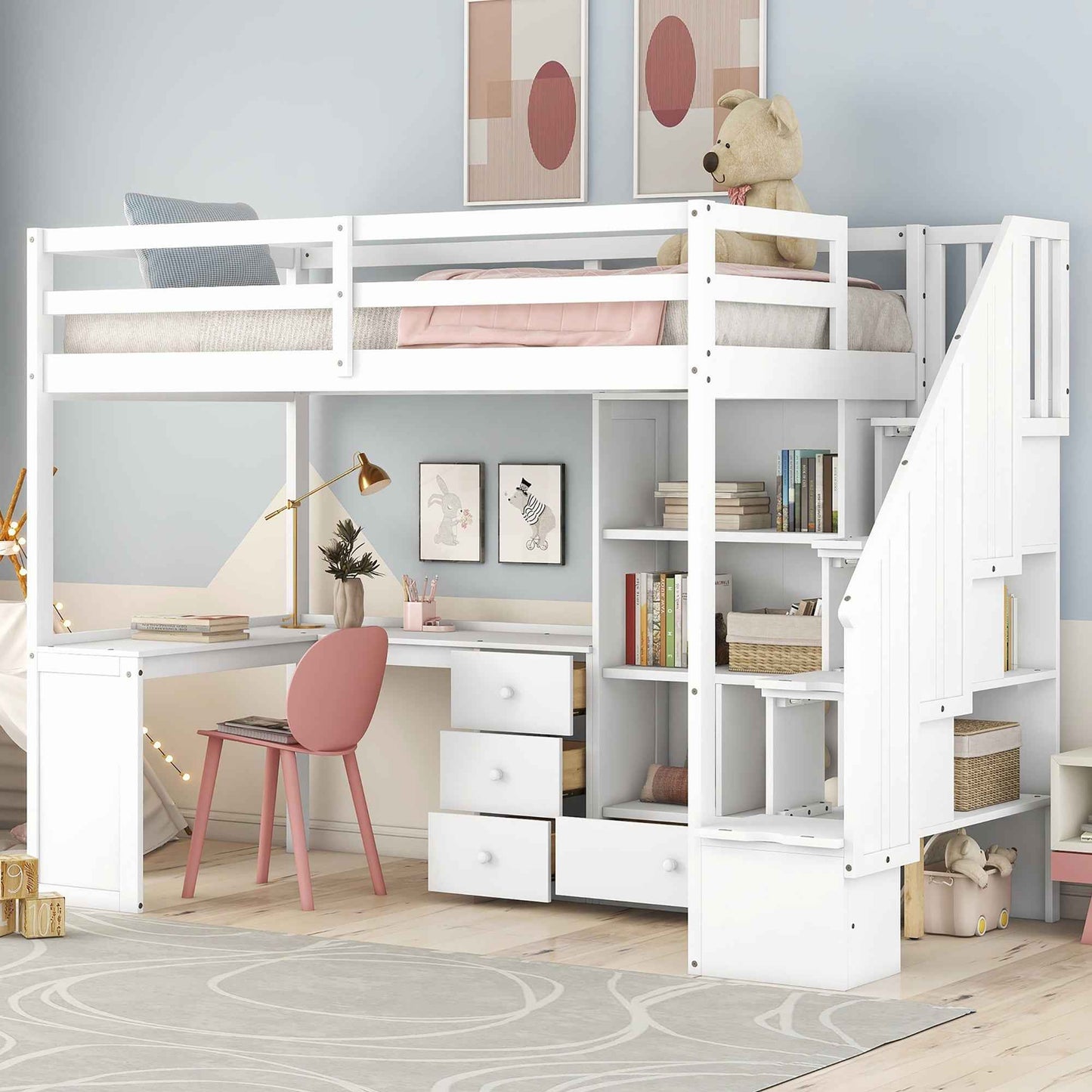 Gradien Twin Size Loft Bed | L-Shaped Desk | White - Default - beds
