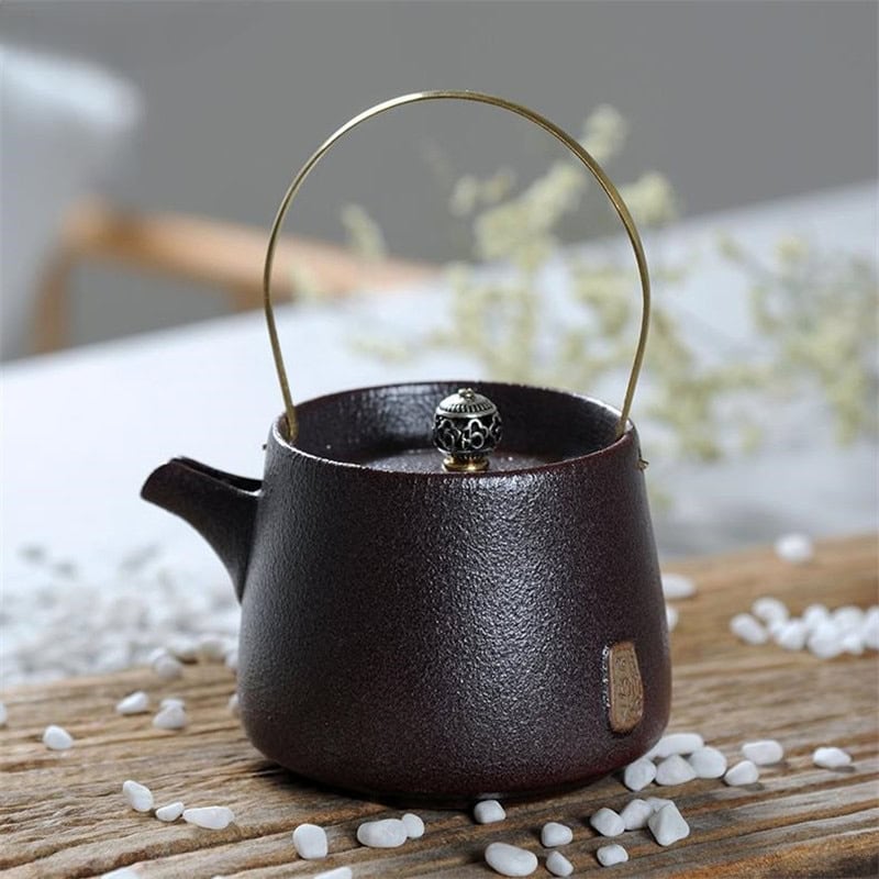 Japanese creative lifting pot - Dark brown - brown Ceramic green teapot