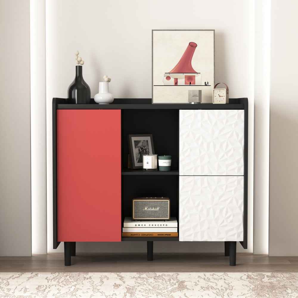 Hemsons Medium Buffet Cabinet | Black, White & Red - - black cabinet red white wood