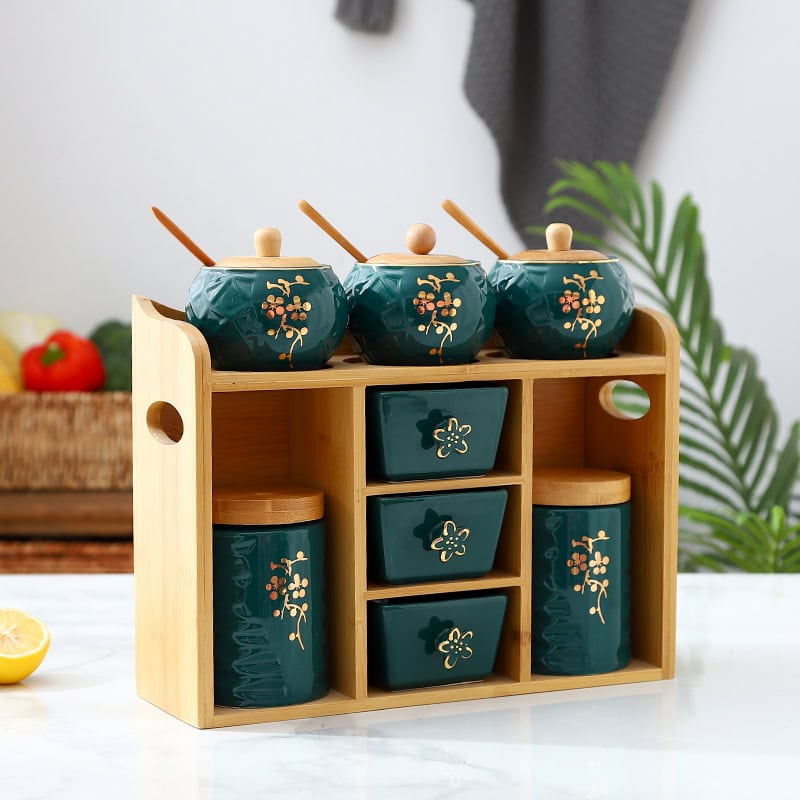 Seasoning Storage Box - Style A - green Jar Shelf Wood