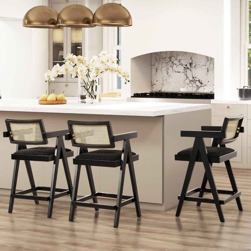 Milan Modern Bar Counter Chairs | Set of 3 | Ebony Black Boucle - Default - bar stools