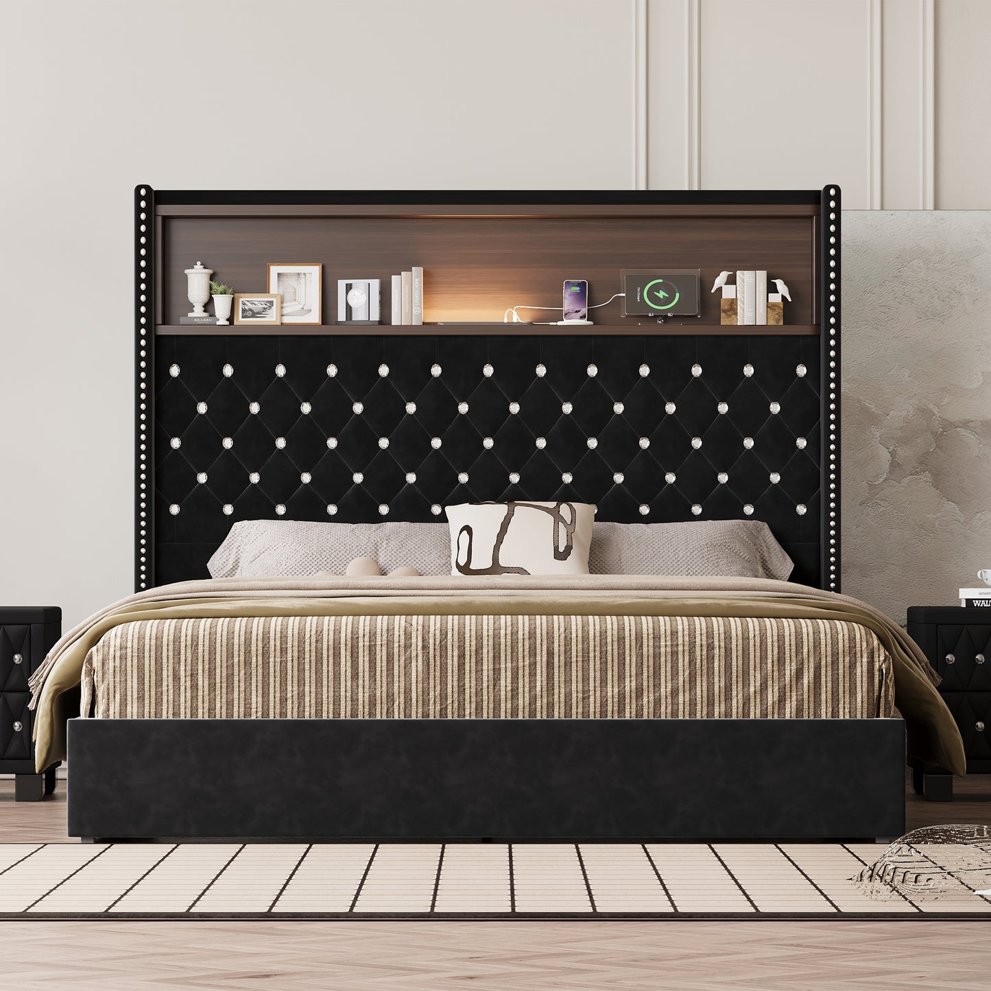 Netinn Queen Size Bed Frame | USB Port & Night Light | Velvet Black - Default - bed black velvet