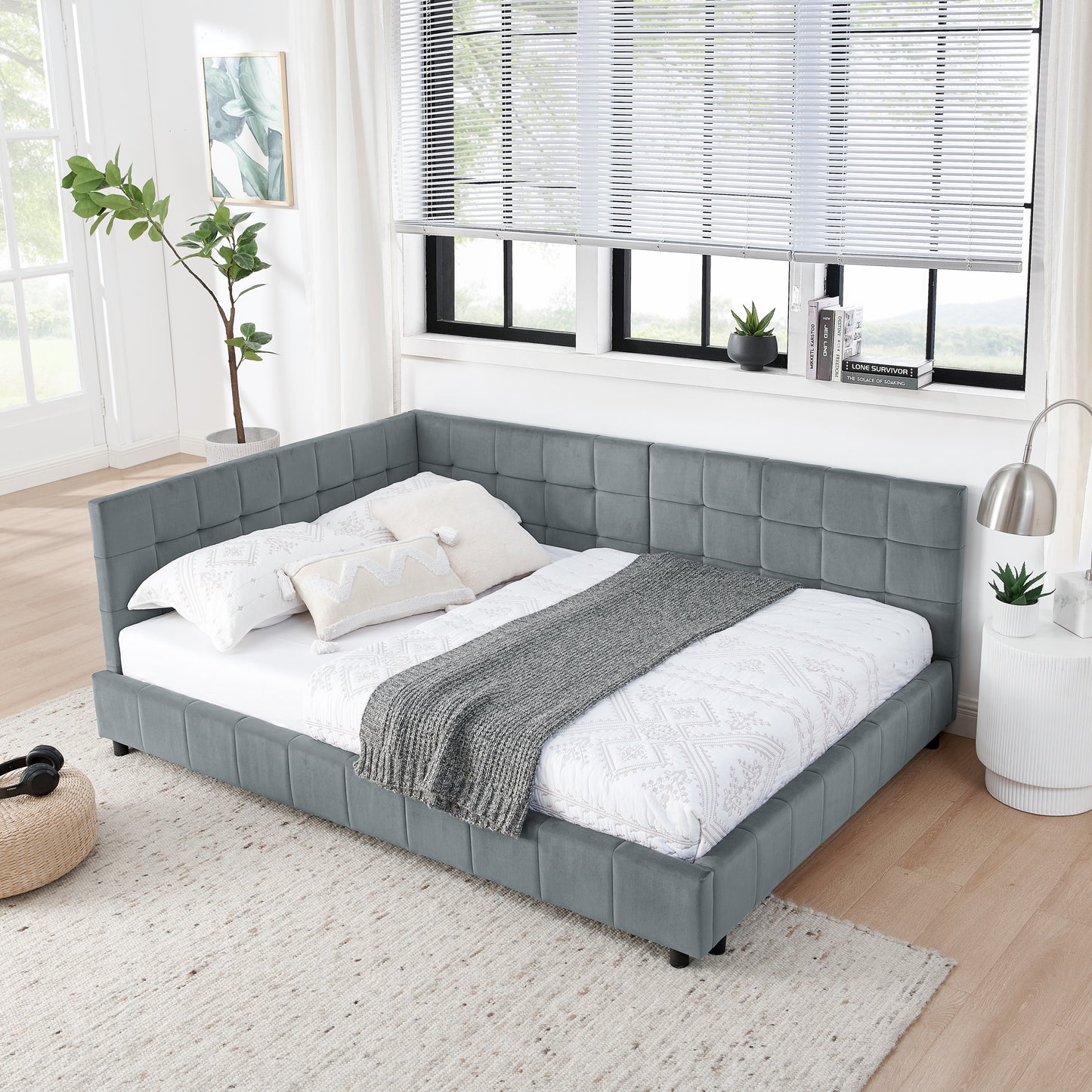 Ligesa Mid-Century Full Size Bed | Velvet Grey - Default - bed grey