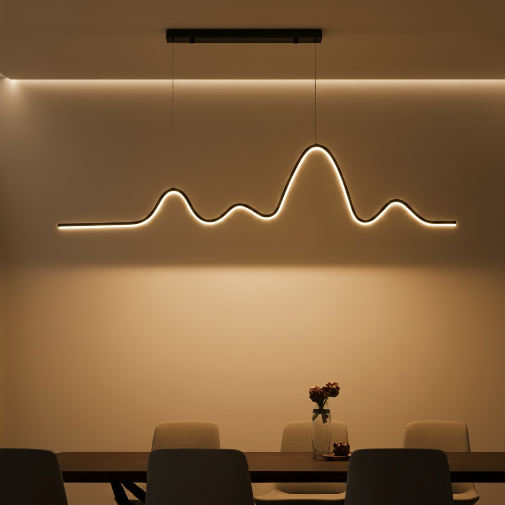 A modern wavy LED linear pendant light hanging above a dining table with chairs in a warm, dimly lit room.
