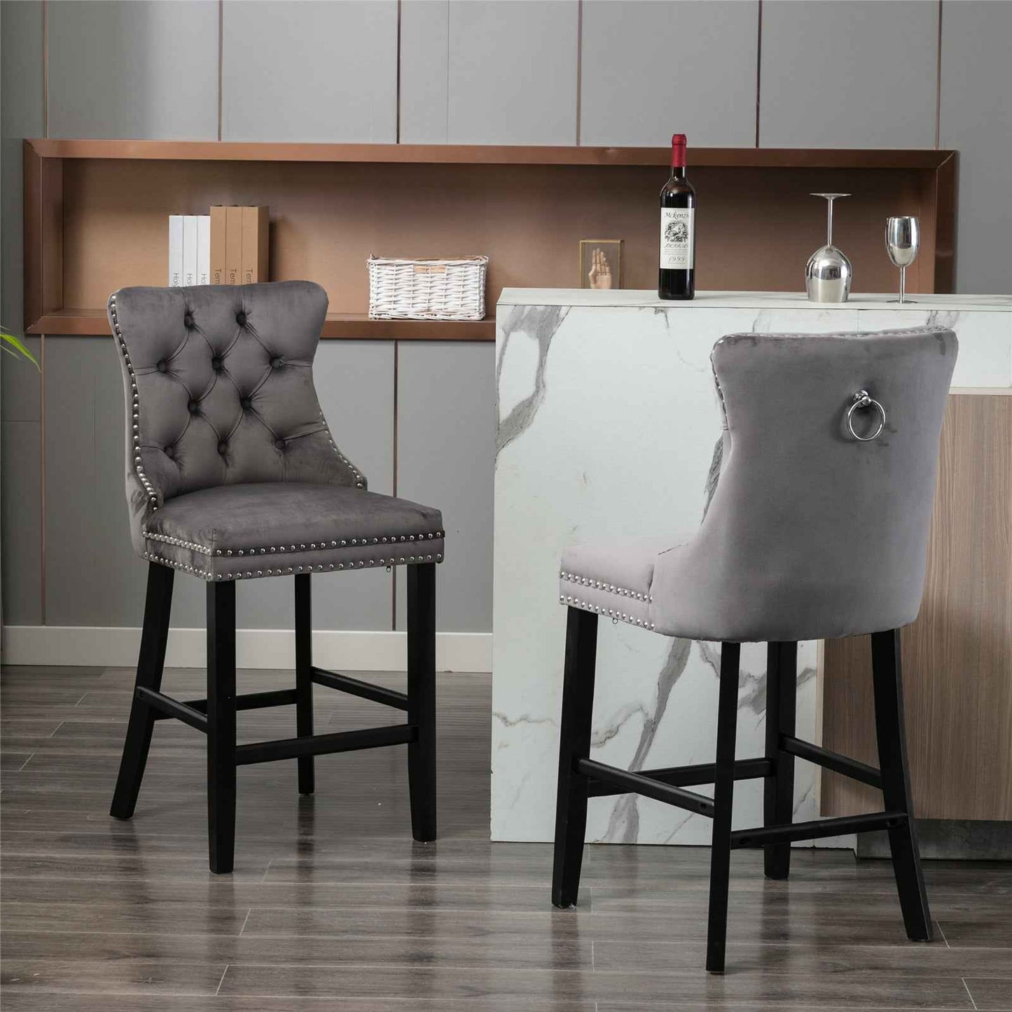 Aemina Classy Modern Bar Stools | Wooden Legs | Set of 2 | Gray Velvet - Default - bar stools