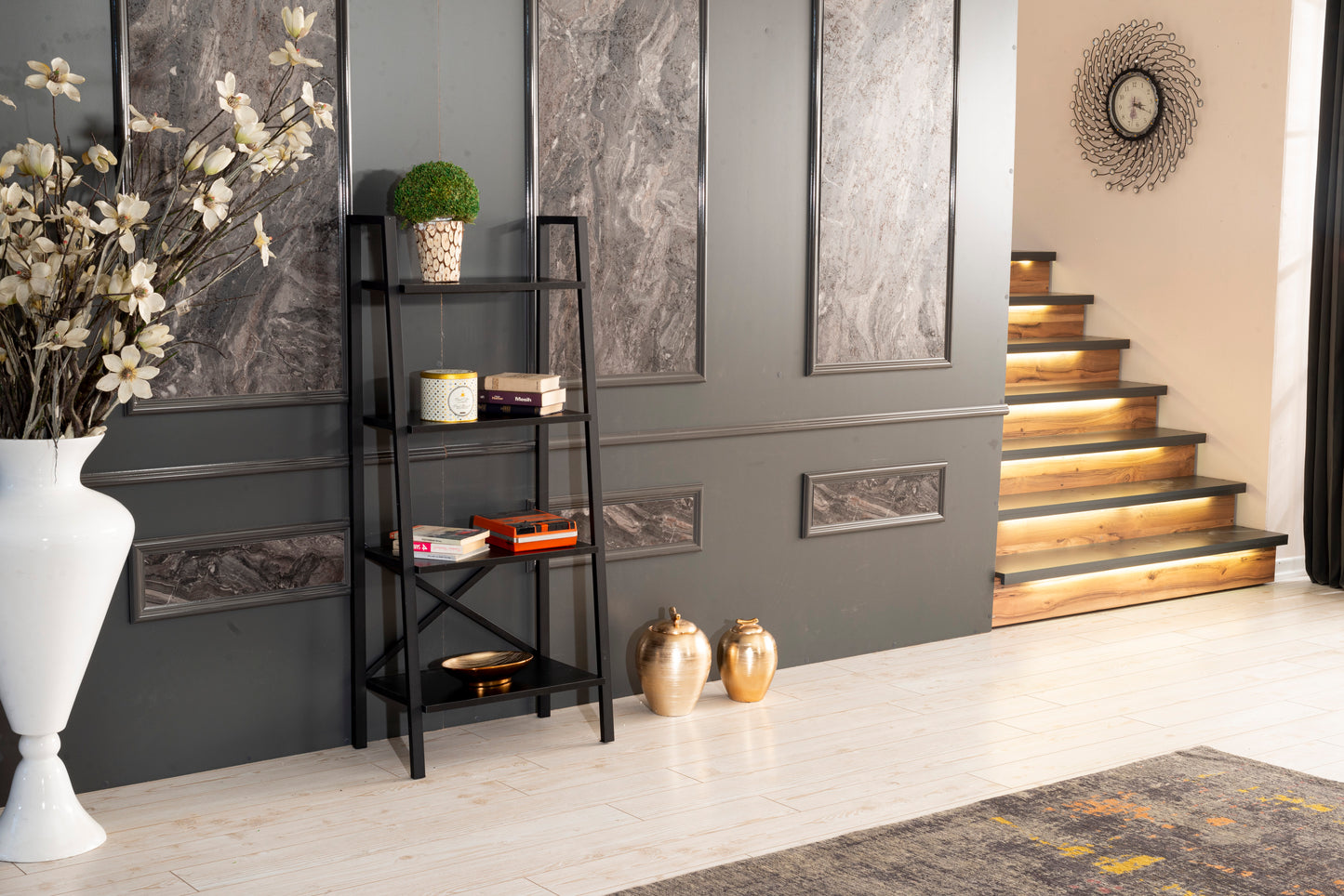 Leon Modern Ladder Bookcase | Black - - black bookcase metal wood