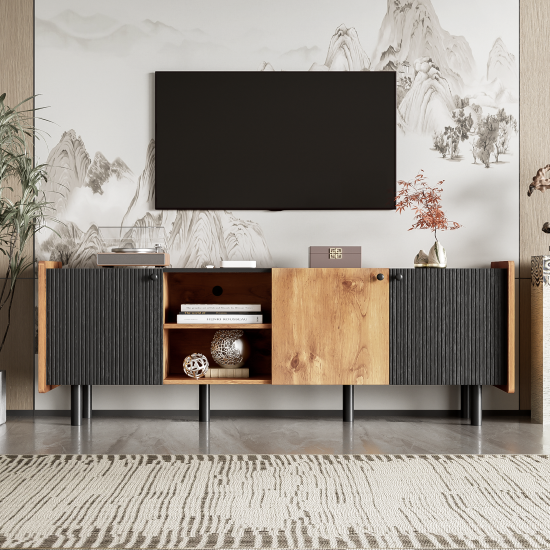Neesim Mid-Century Media Console Table | Black Top & Brown - Default - tv console