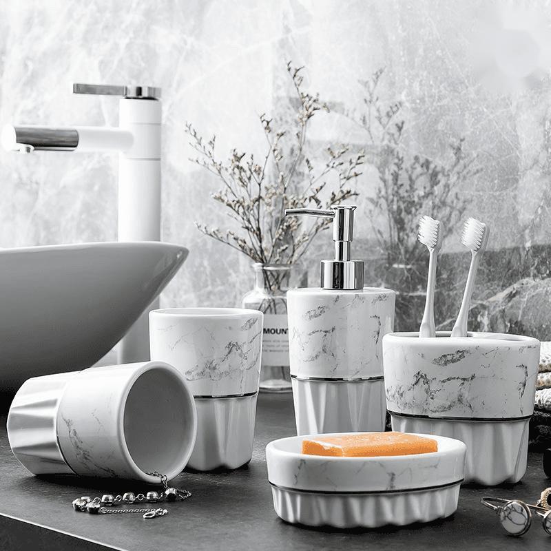 Minimalistic Style Ceramic Bathroom Set - White 5pcs - Ceramic Hand Wash Marble sets white