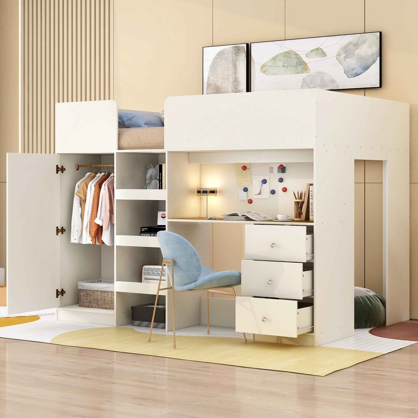 Folari Full Size Loft Bed | Built-in Wardrobe | White - Default - beds