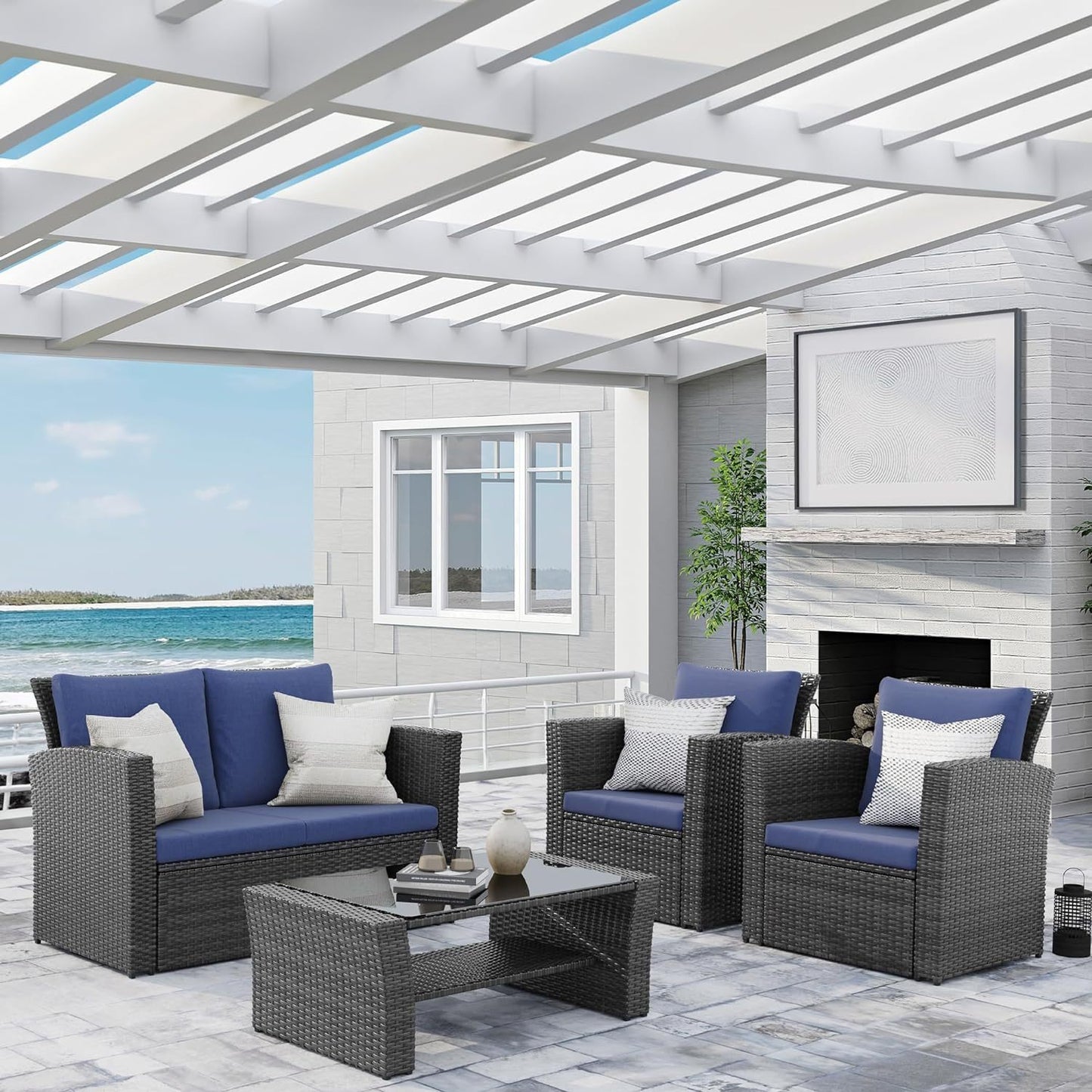 Linuro 4-Piece Outdoor Furniture Set | Gray & Blue - Default - garden furnishing