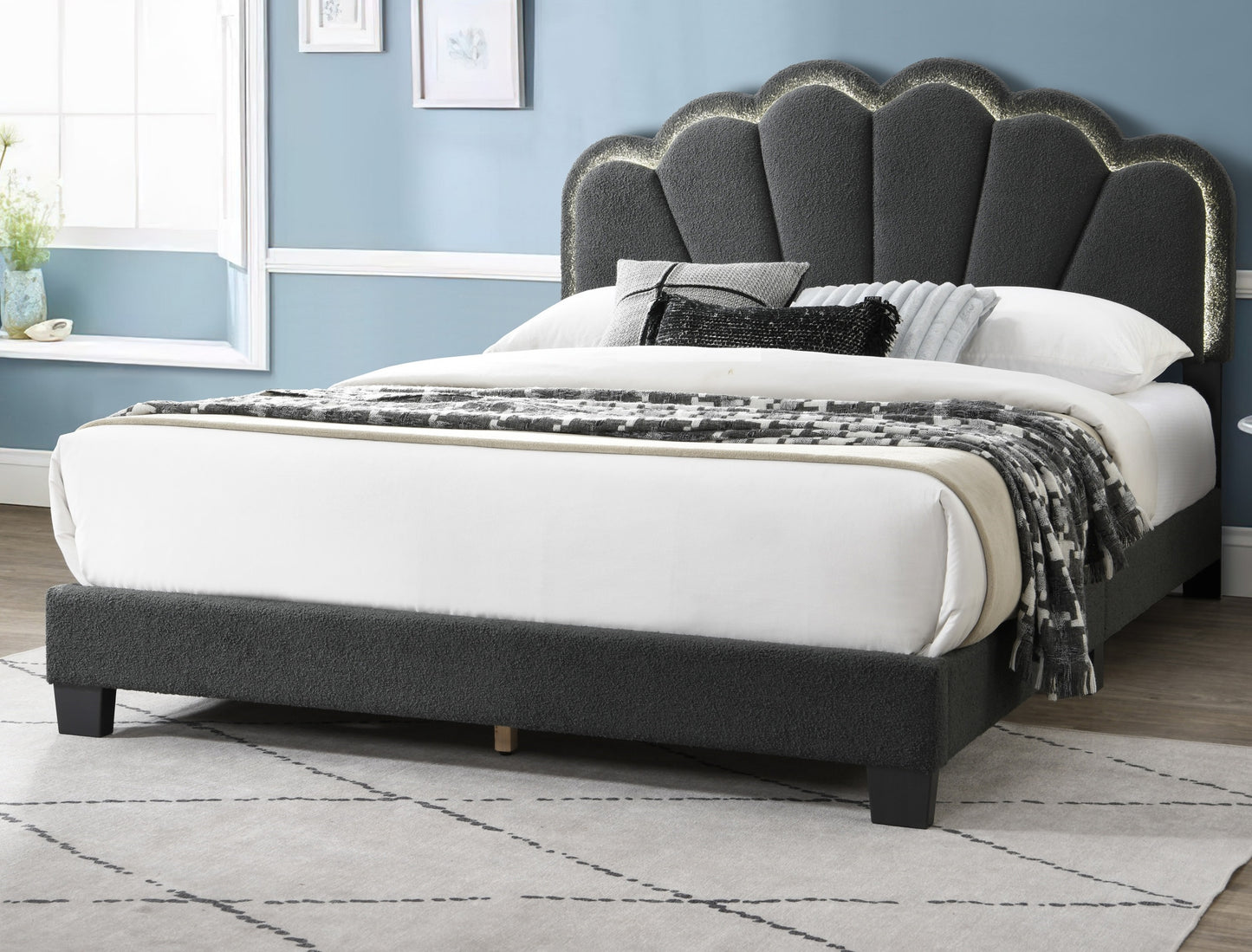 Favosi Queen Size Bed | LED Light Headboard | Charcoal Wool - Default - beds