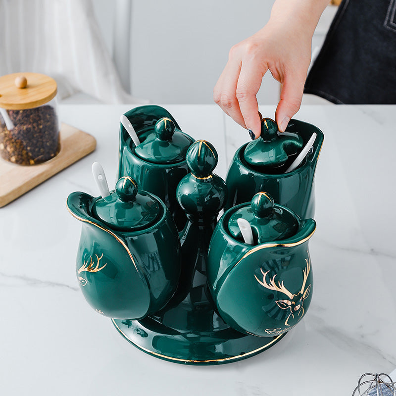 Kitchenware Ceramic Seasoning Jar Storage Box - Dark Green - green Jar off white Pot