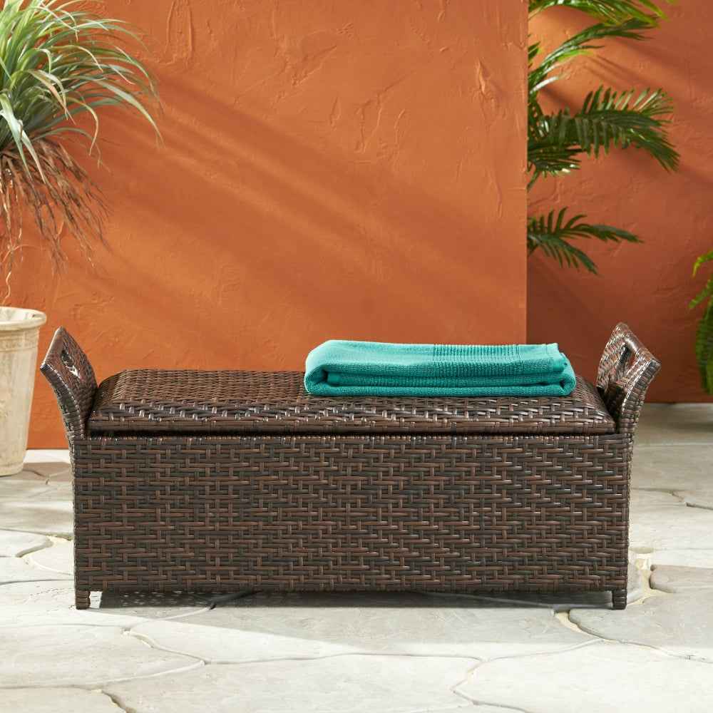 Curaf Rattan Storage Bench | Brown - - bench brown wood
