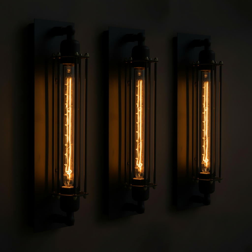 Three matching industrial-style wall sconces with vertical glowing filament bulbs in dark metal cages, mounted on a dark wall.