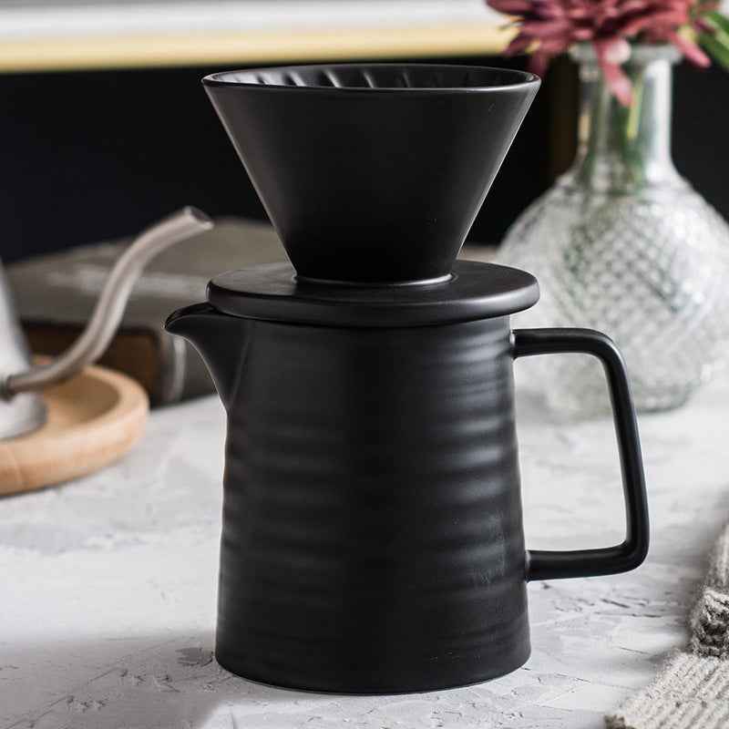 Hand-made Coffee Pot Set Ceramic Filter Cup Sharing Pot - Black Full Set - black Ceramic cup teapot white