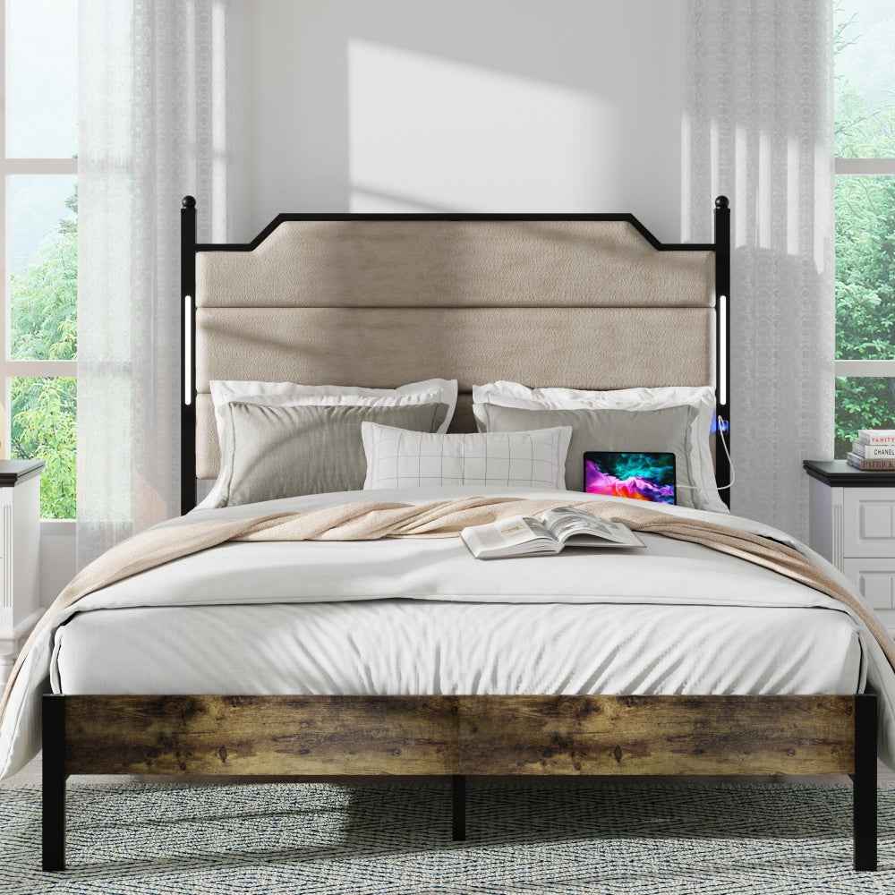Aringus Queen Size Bed Frame | LED Lights | Brown - Default - beds