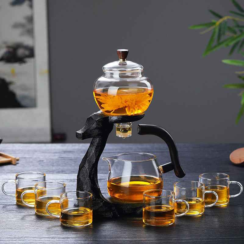 Automatic glass kung fu tea set - Teapot with 6 Cups - black Ceramic glass teapot transparent