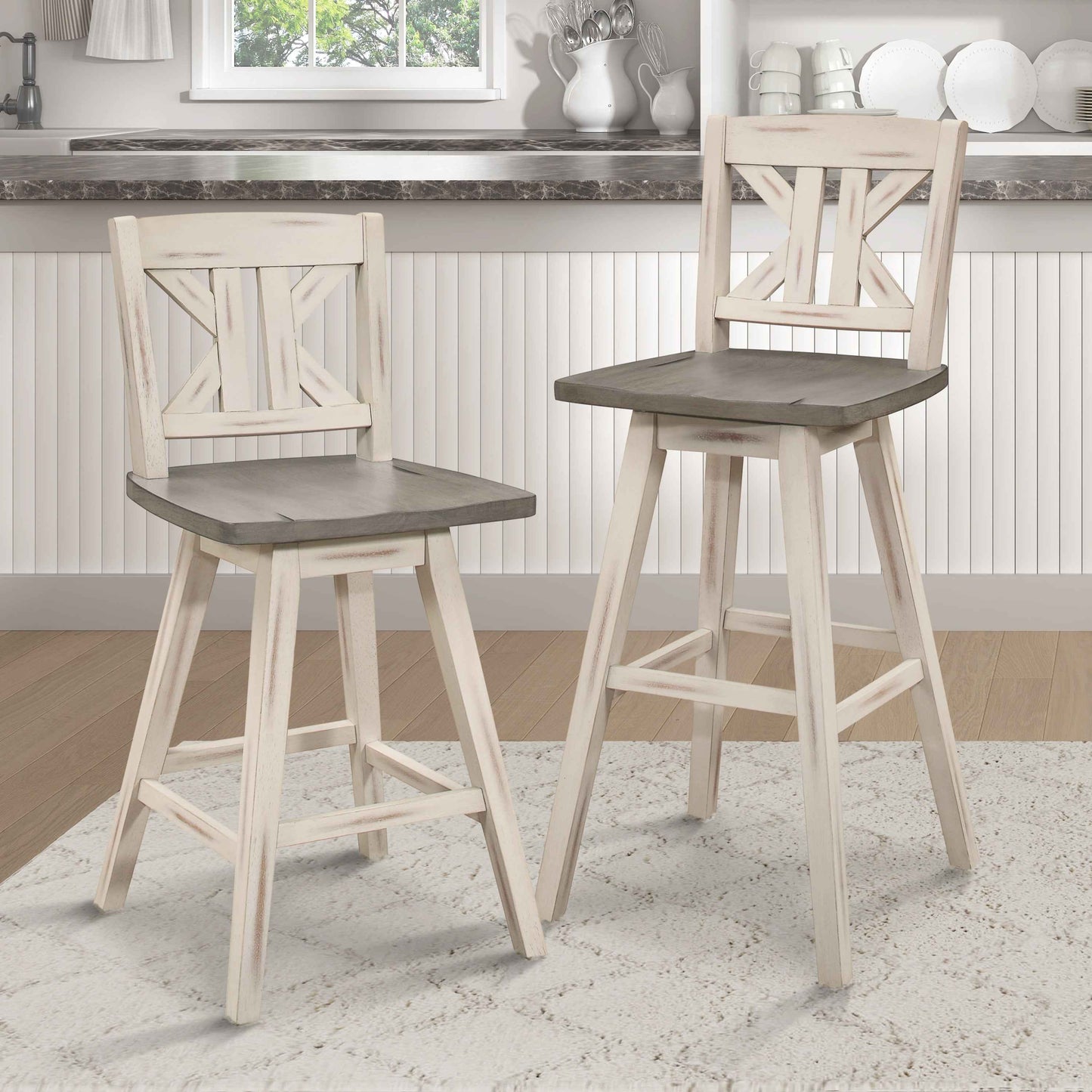 Crueth Wooden Swivel Bar Stools | Set of 2 | Distressed Gray - Default - bar stools