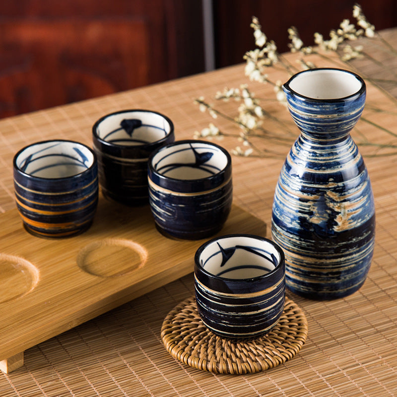 Japanese Hand-painted Tea Set - Stripped Blue - black blue ceramics cups pots