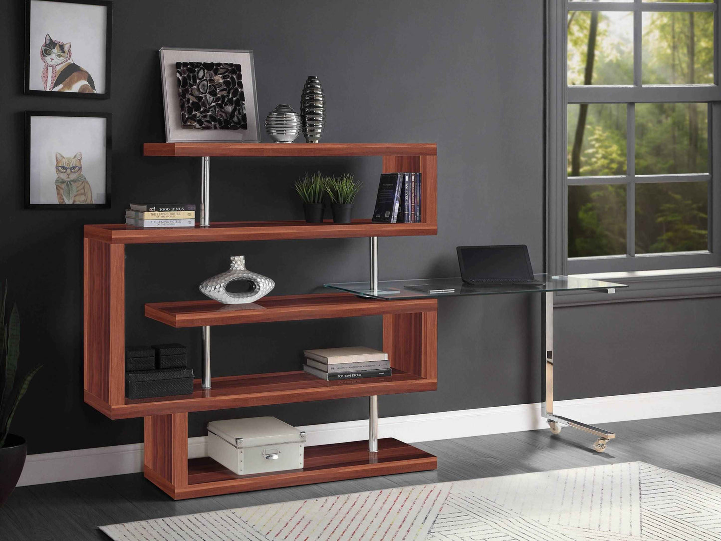 Furizzi Stylish Bookcase | Glass Writing Desk | Walnut - - bookcase glass office walnut wood