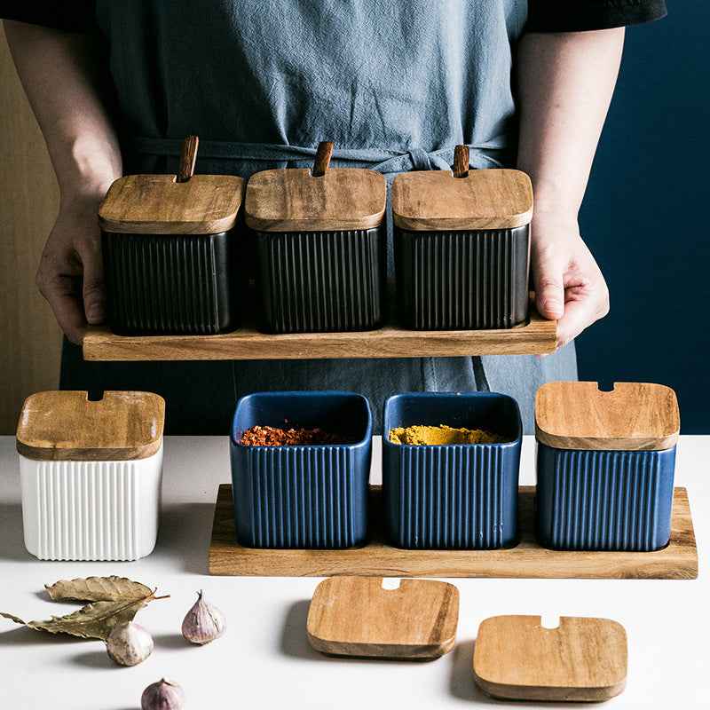 Household Seasoning Box Ceramic Seasoning Jar Set - - black blue Ceramic Jar Pot white Wood