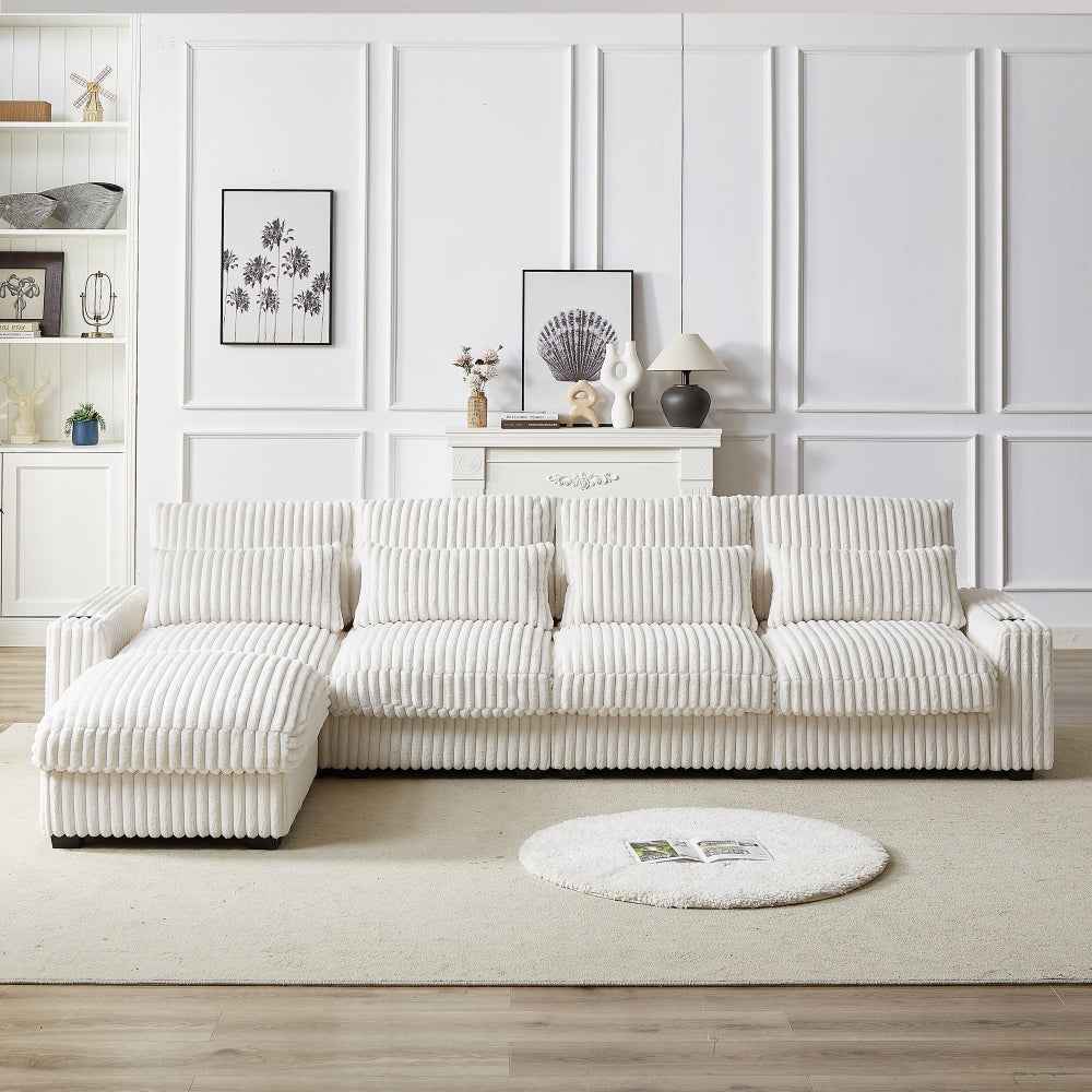 Fellex 126'' Corduroy L-Shaped Sofa | Cup Holder & USB Ports | White - - sofa